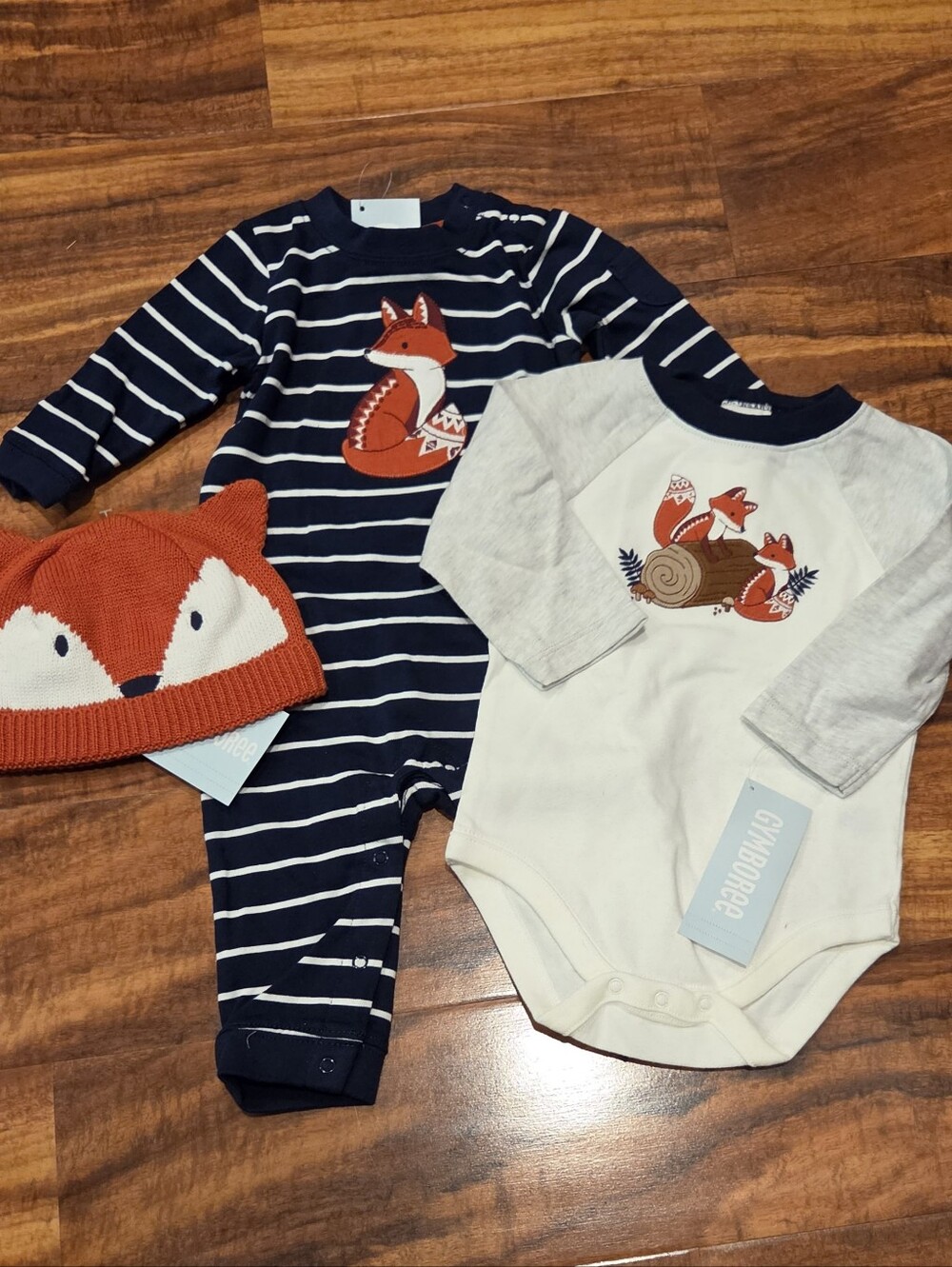 Gymboree NWT 3-6 Months Navy Striped Fox Romper, Bodysuit and Fox Sweater Hat